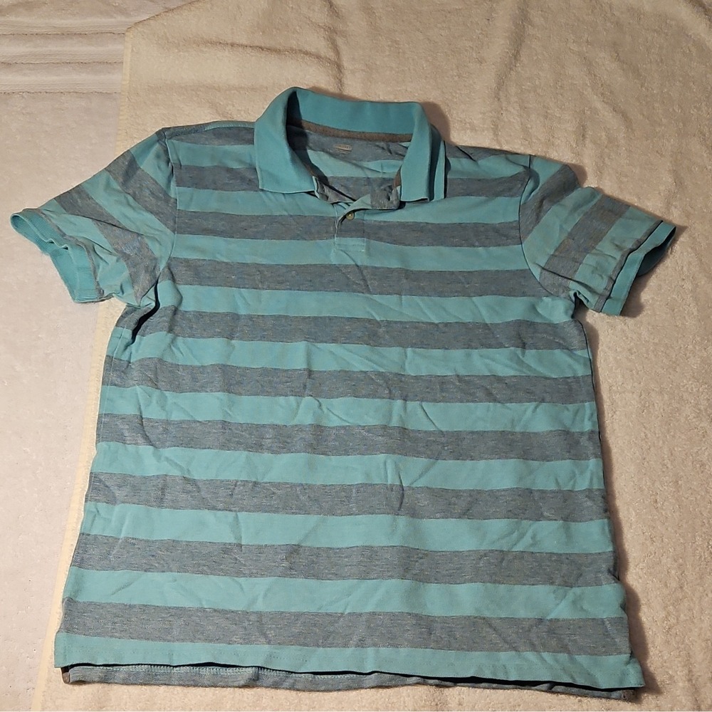 Old Navy Striped Men's Blue Gray Polo Shirt L/G Short Sleeve‎ Collared Button